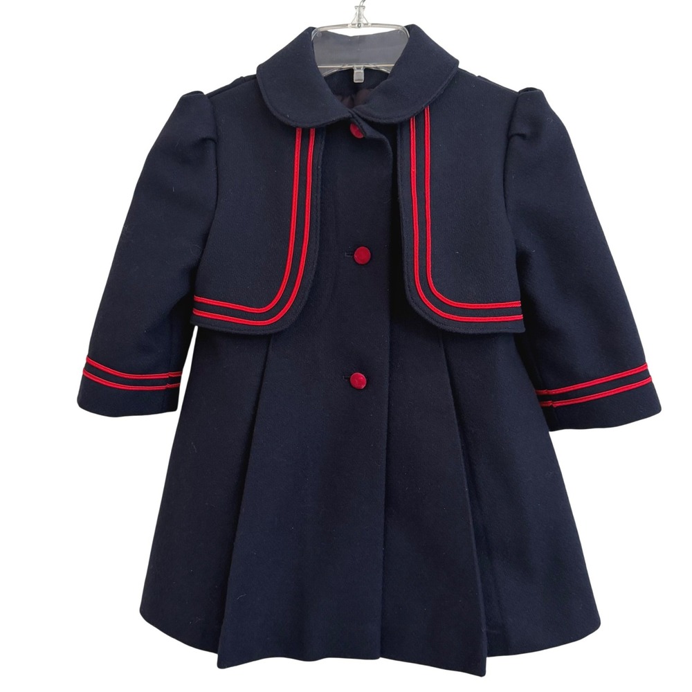 Vtg Freeway Fashions Girls Navy Wool Blend Nautical Capelet Coat Blue Red 4T EUC